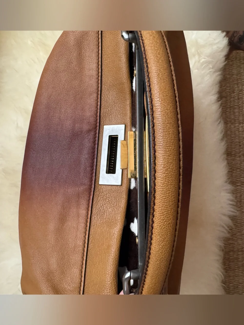 Fendi peekaboo large Brown Leather Top-Handle Women's Bag with Zebra Interior